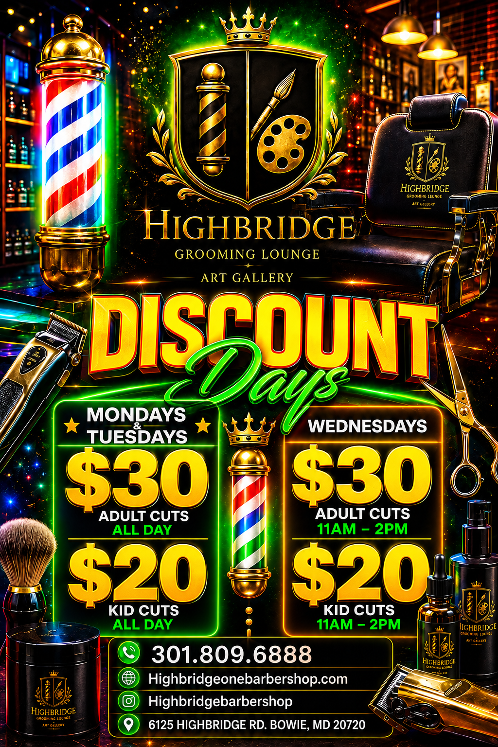 Highbridge Discount Days flyer — Mondays and Tuesdays: $30 adult cuts all day, $20 kid cuts all day. Wednesdays 11 AM to 2 PM: $30 adult cuts, $20 kid cuts. Walk-in clients only.